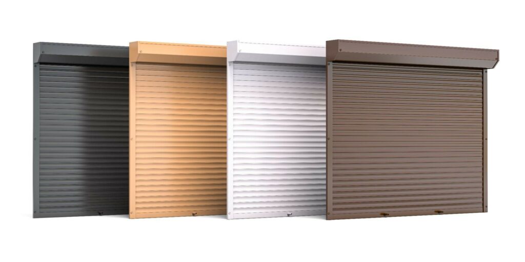 shuttesr4 Four roll-up storage cabinet shutters in gray, tan, white, and brown are arranged side by side on a white background.
